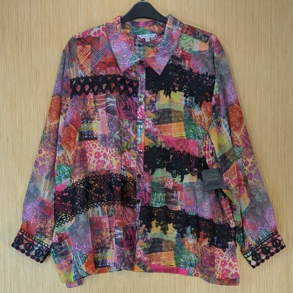 John Mark Maximalism Artsy Patchwork Lace Button Down Top Size 2X Colorful Sheer